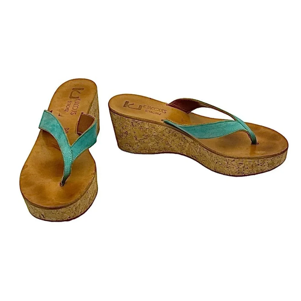 KJacques St Tropez Green Leather Cork Wedge Mule Sandals EU 38 US 7.5